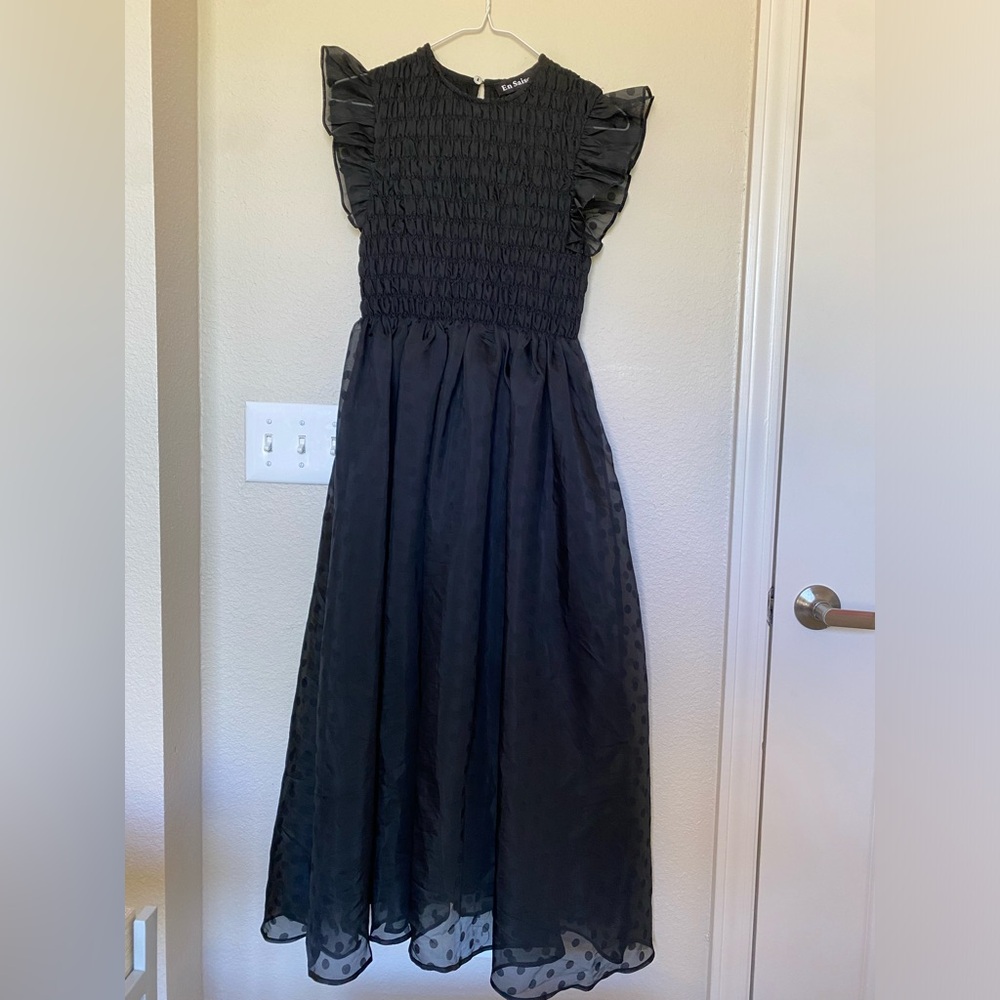 En Saison Black Smocked Polkadot Tiered Dress - Midi Length
